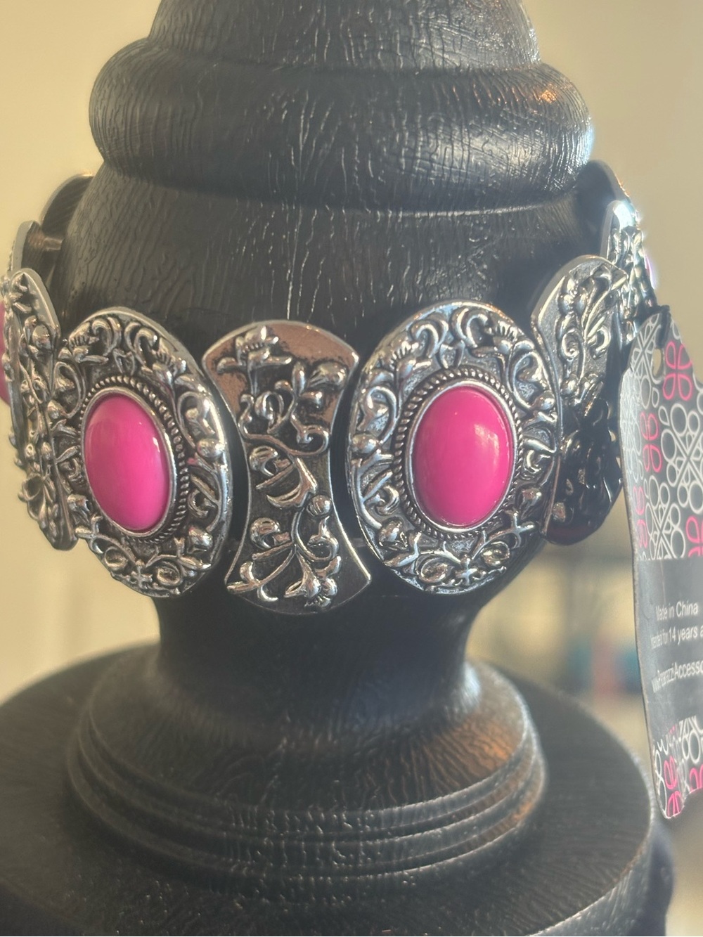 Silver Filigree Bracelet with Pink Cabochons